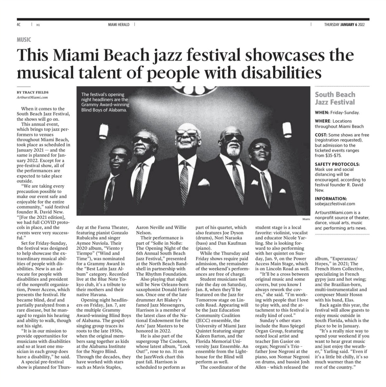 photo of the Miami Herald Newspaper article featuring the South Beach Jazz Festival