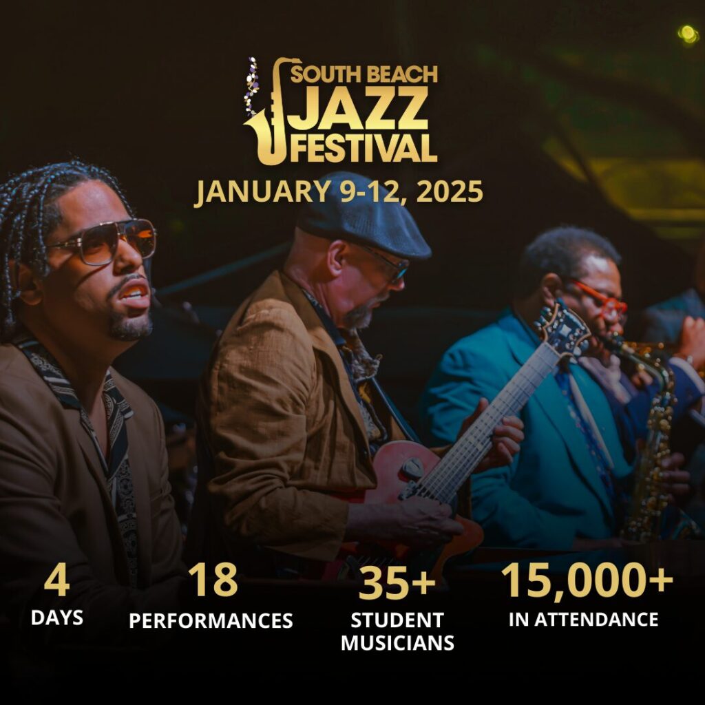 Three musicians performing on stage with one playing the guitar, one playing a saxophone, and the third wearing sunglasses. The event information reads: 'South Beach Jazz Festival, January 9-12, 2025' in bold gold text. Below this are details stating '4 Days,' '18 Performances,' '35+ Student Musicians,' and '15,000+ In Attendance.' The background is dimly lit, focusing attention on the musicians and text."