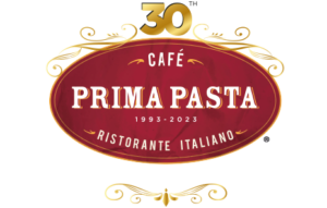 Prima Pasta Logo - red with gold outline, oval shaped, white letters