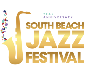 Logo for the South Beach Jazz Festival 10-Year Anniversary. The words “South Beach Jazz Festival” appear in bold, gold gradient letters. To the left is a gold saxophone decorated with multicolored abstract confetti. Above the text, "10 Year Anniversary" is written with "10" in white, "Year" in teal, and "Anniversary" in purple. The background is black.