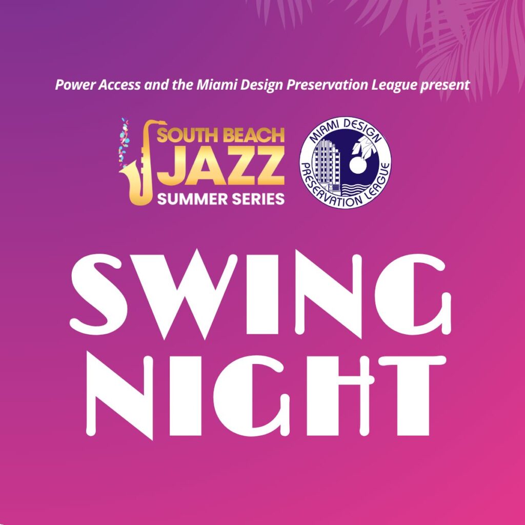 Swing Night Text in Art Deco Font with a pink and purpe background and the South Bea